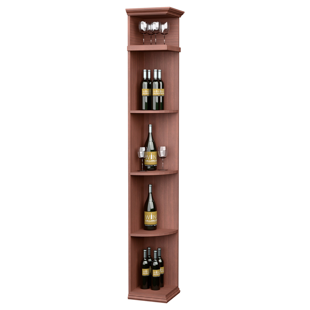 Quarter-round wine shelf cabinet with square base, warm reddish wood, curved bottle shelves