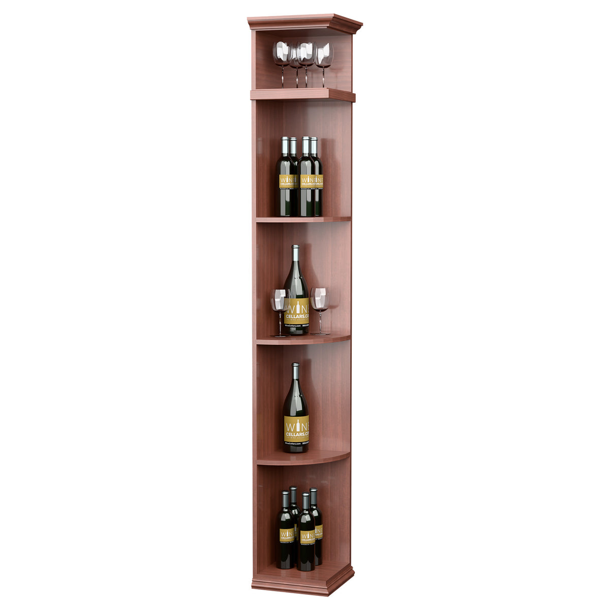 Quarter-round wine shelf cabinet with square base, warm reddish wood, curved bottle shelves