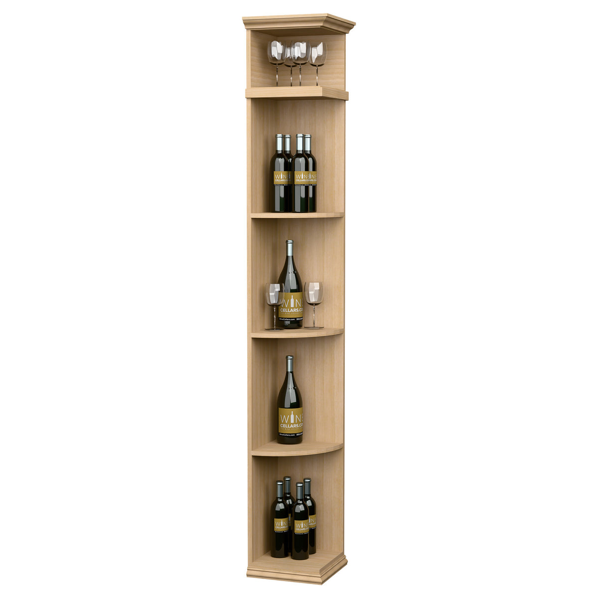 Quarter-round wine shelf cabinet with square base, light wood, curved bottle shelves