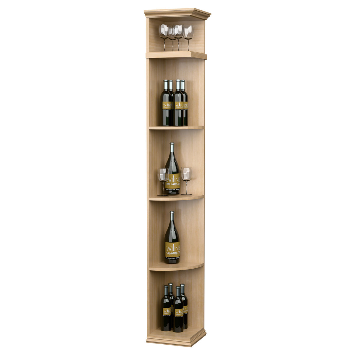 Quarter-round wine shelf cabinet with square base, light wood, curved bottle shelves