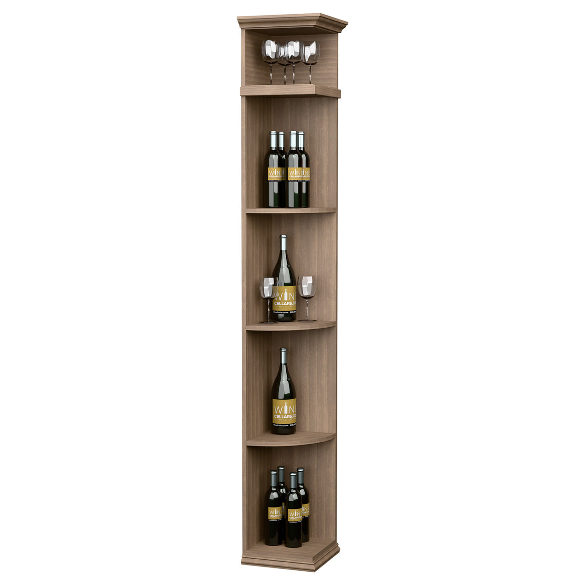 Quarter-round wine shelf cabinet with square base, light wood, curved bottle shelves