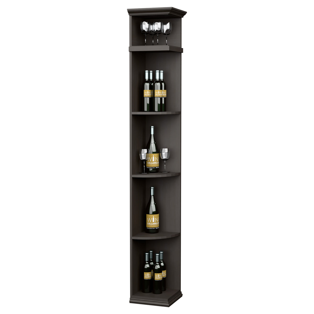 Quarter-round wine shelf cabinet with square base, dark grey, curved bottle shelves