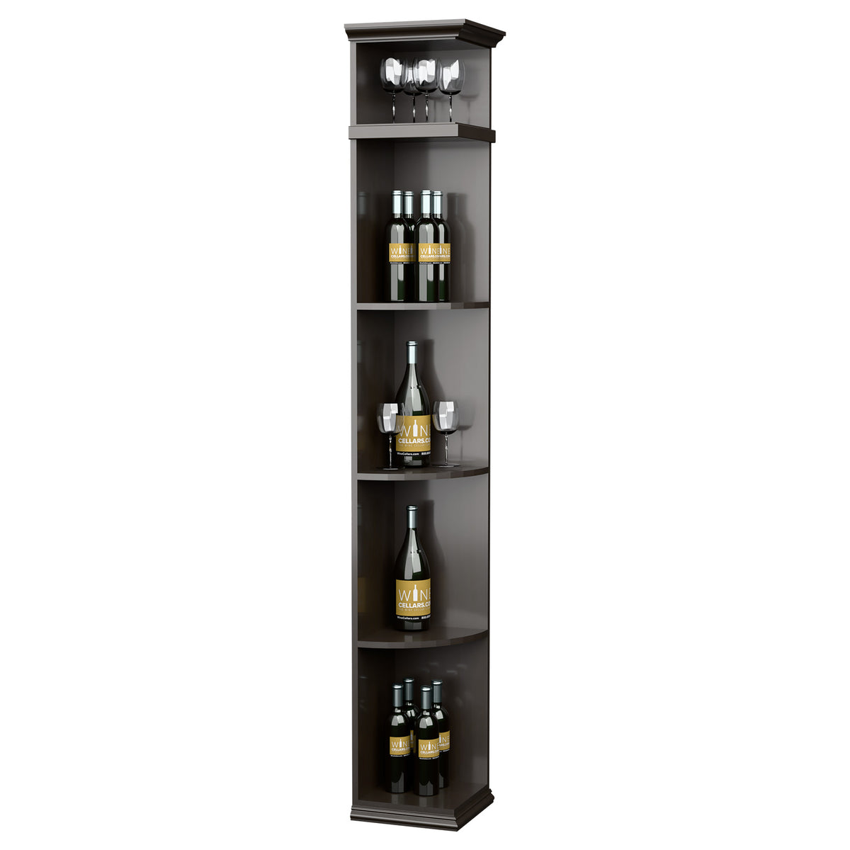 Quarter-round wine shelf cabinet with square base, dark grey, curved bottle shelves