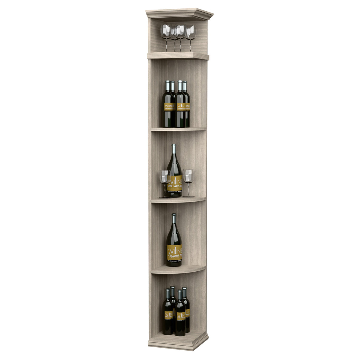 Quarter round wine shelf with square base, light gray finish, rounded bottle shelves