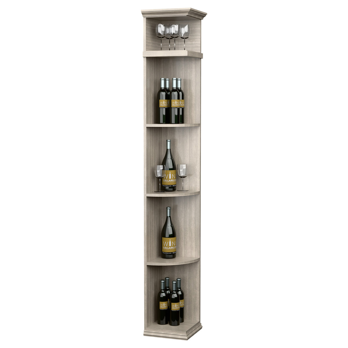 Quarter round wine shelf with square base, light gray finish, curved bottle display
