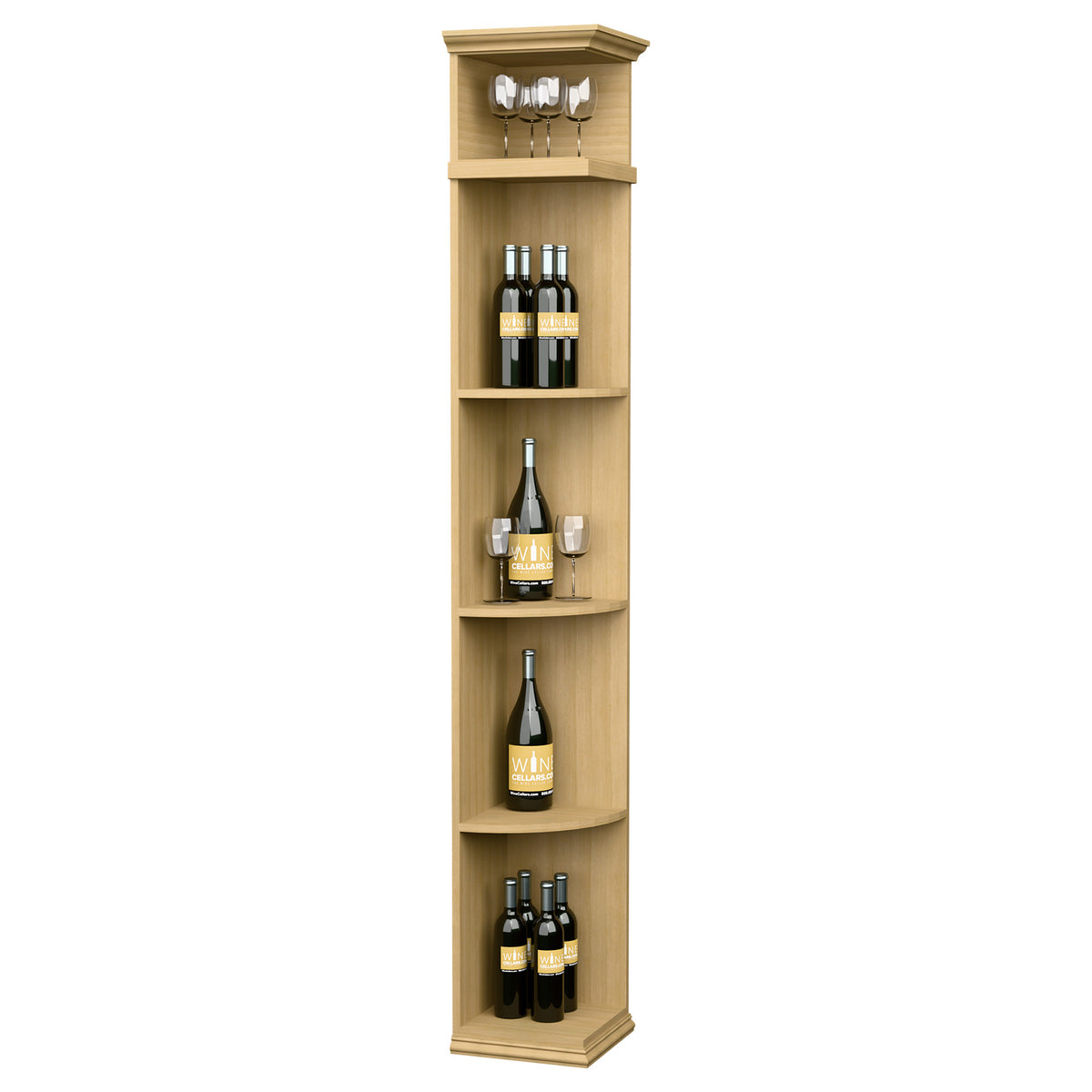 Quarter round wine shelf with square base, natural wood finish, curved bottle shelves