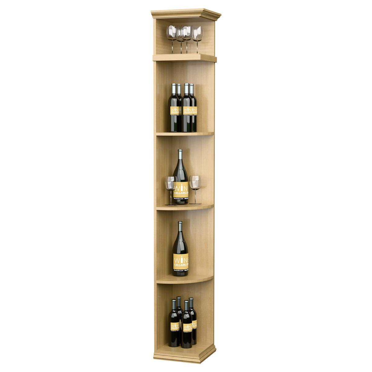 Quarter round wine shelf with square base, light wood finish, rounded bottle display shelves