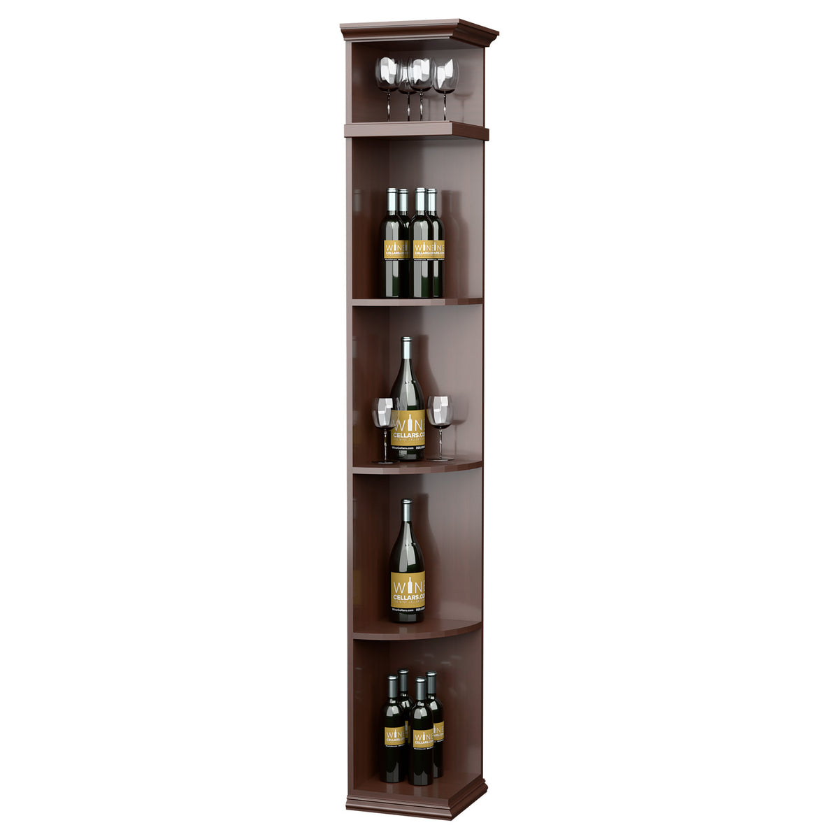Quarter round wine shelf with square base, dark brown finish, rounded bottle display shelves