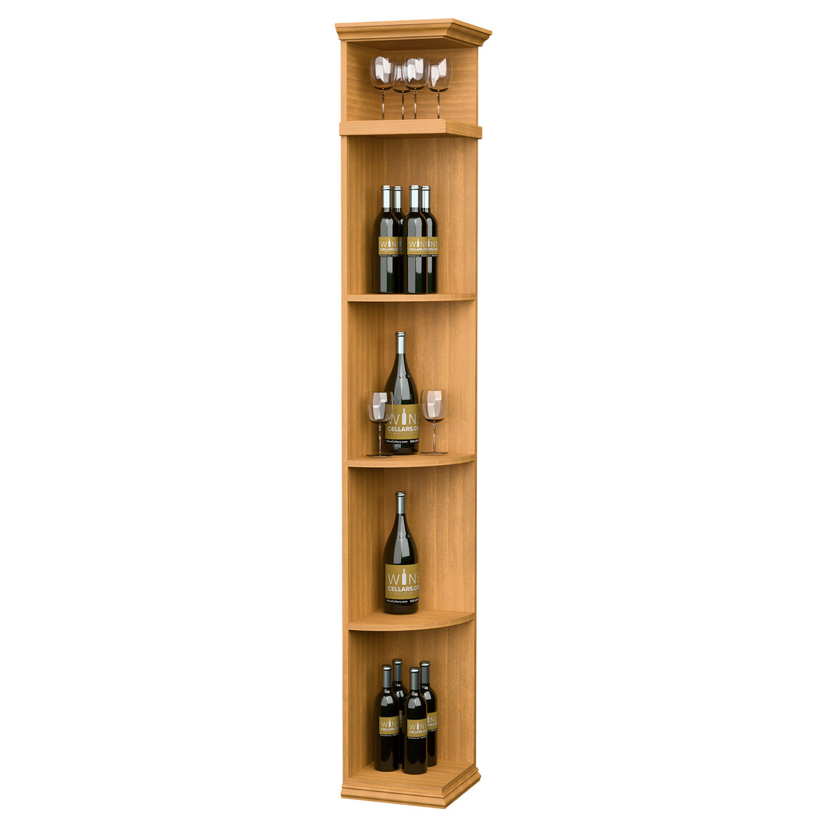 Quarter round wine shelf with square base, pale wood finish, curved bottle shelves