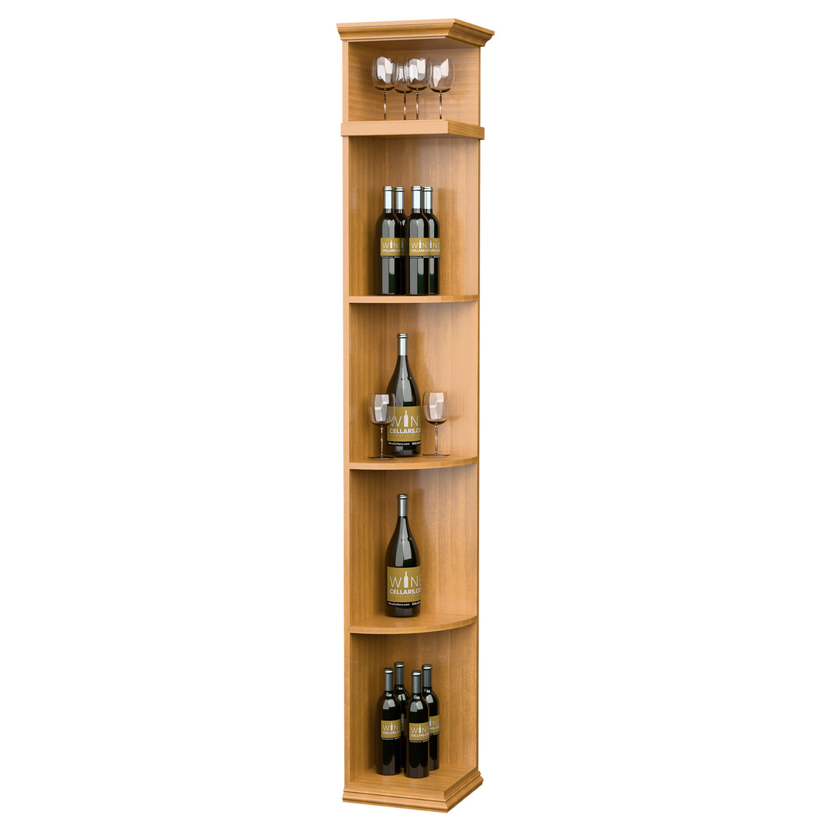 Quarter round wine shelf with square base, light wood finish, curved bottle display shelves