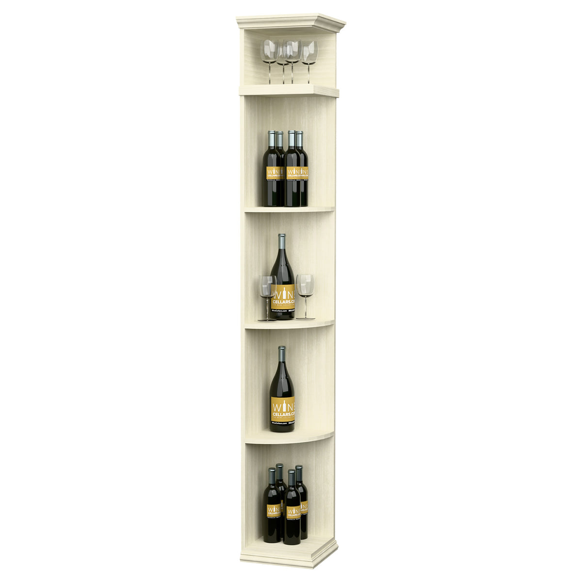 Quarter round wine shelf with square base, white finish, rounded bottle shelves
