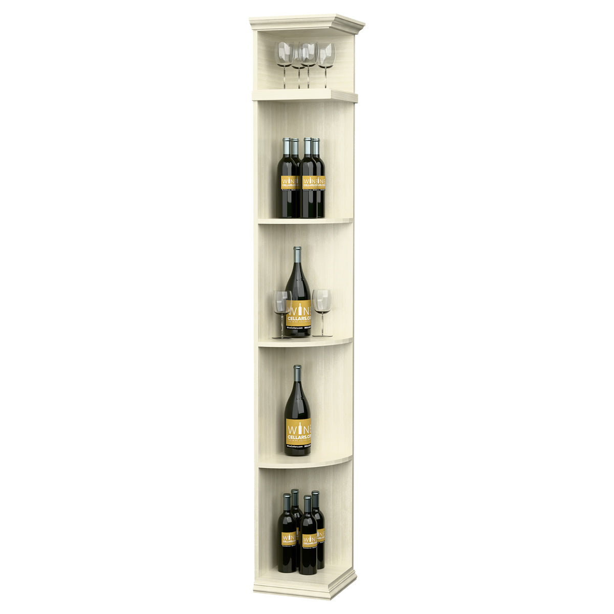 Quarter round wine shelf with square base, white finish, curved bottle display shelves