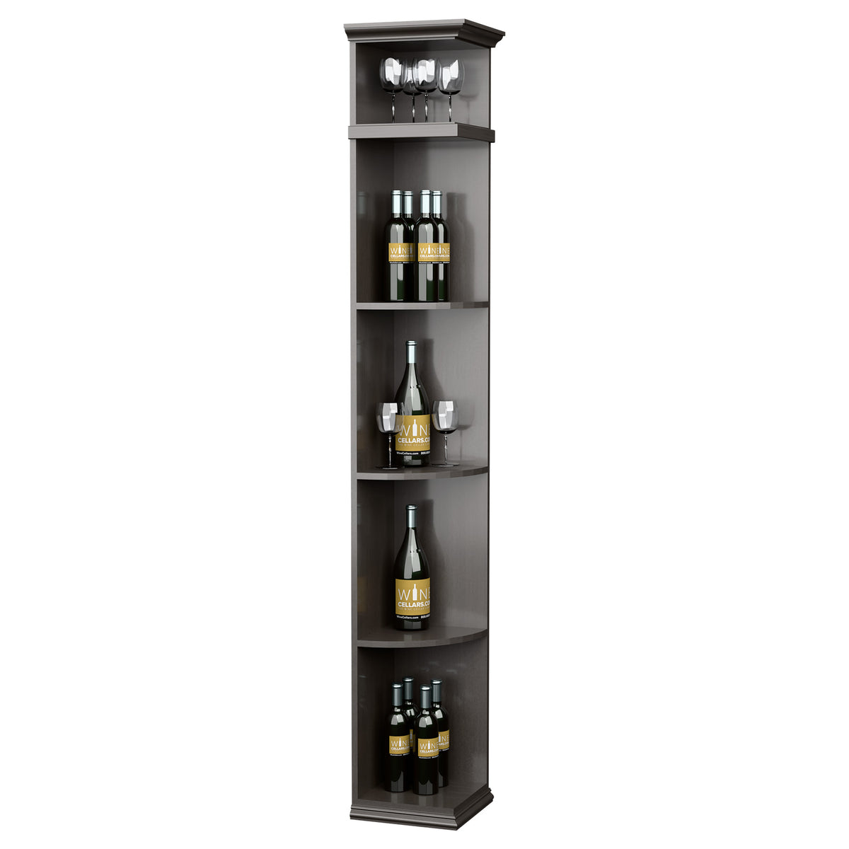 Tall quarter-round wine shelf with square base, dark gray wood finish