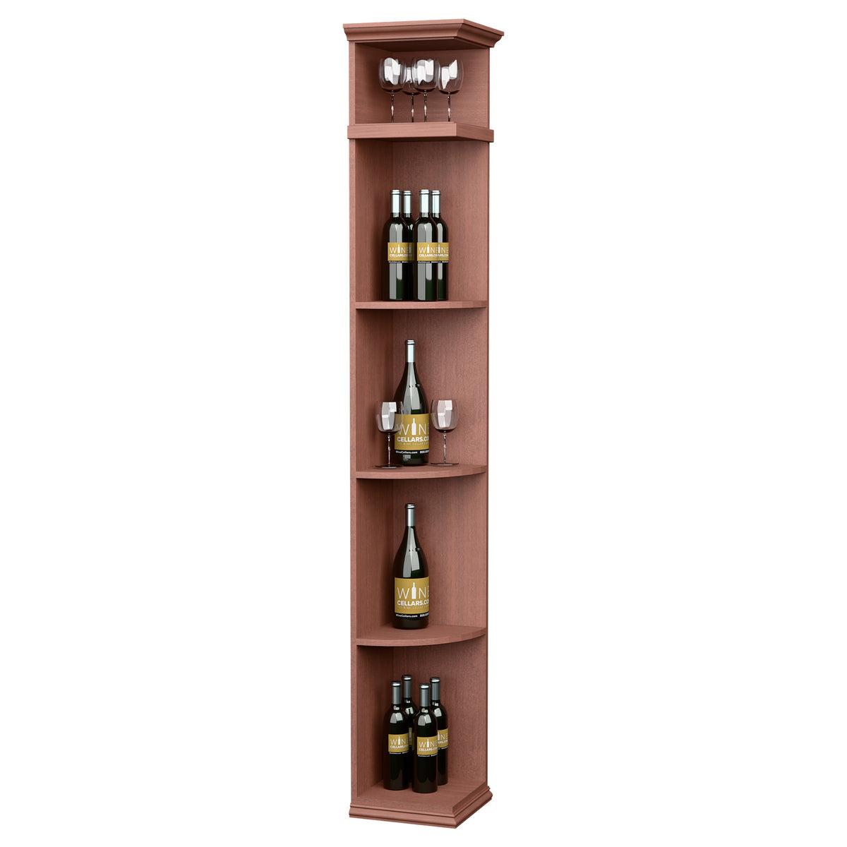 Tall quarter-round wine shelf with square base, reddish wood finish