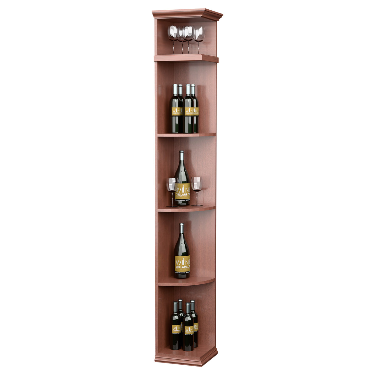 Tall quarter-round wine shelf with square base, warm reddish wood finish