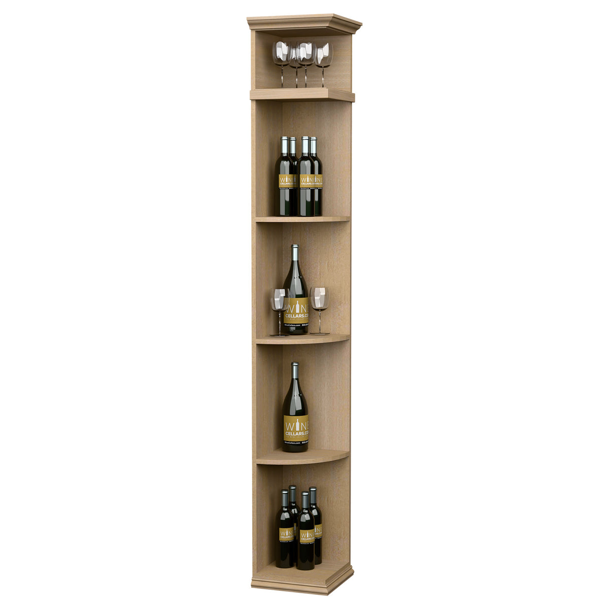 Tall quarter-round wine shelf with square base, light wood finish