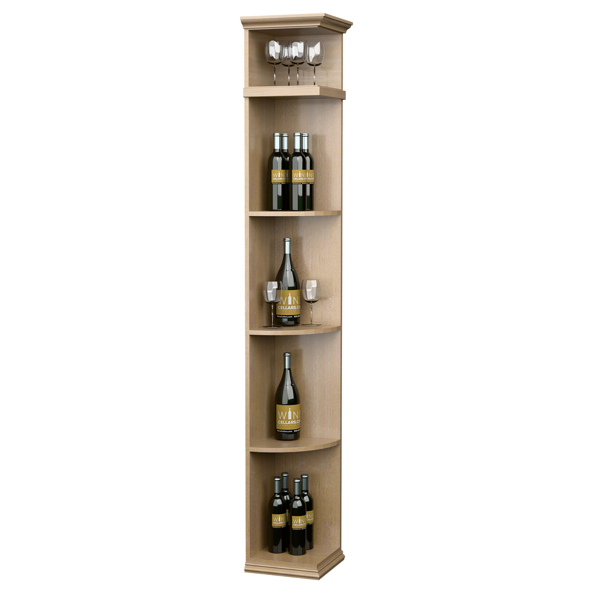 Tall quarter-round wine shelf with square base, pale light wood finish