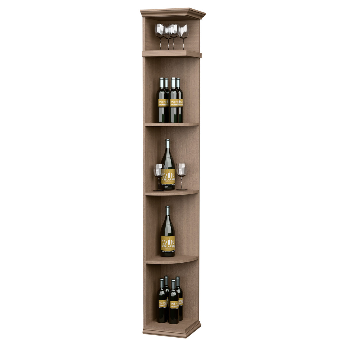 Tall quarter-round wine shelf with square base, natural light wood finish
