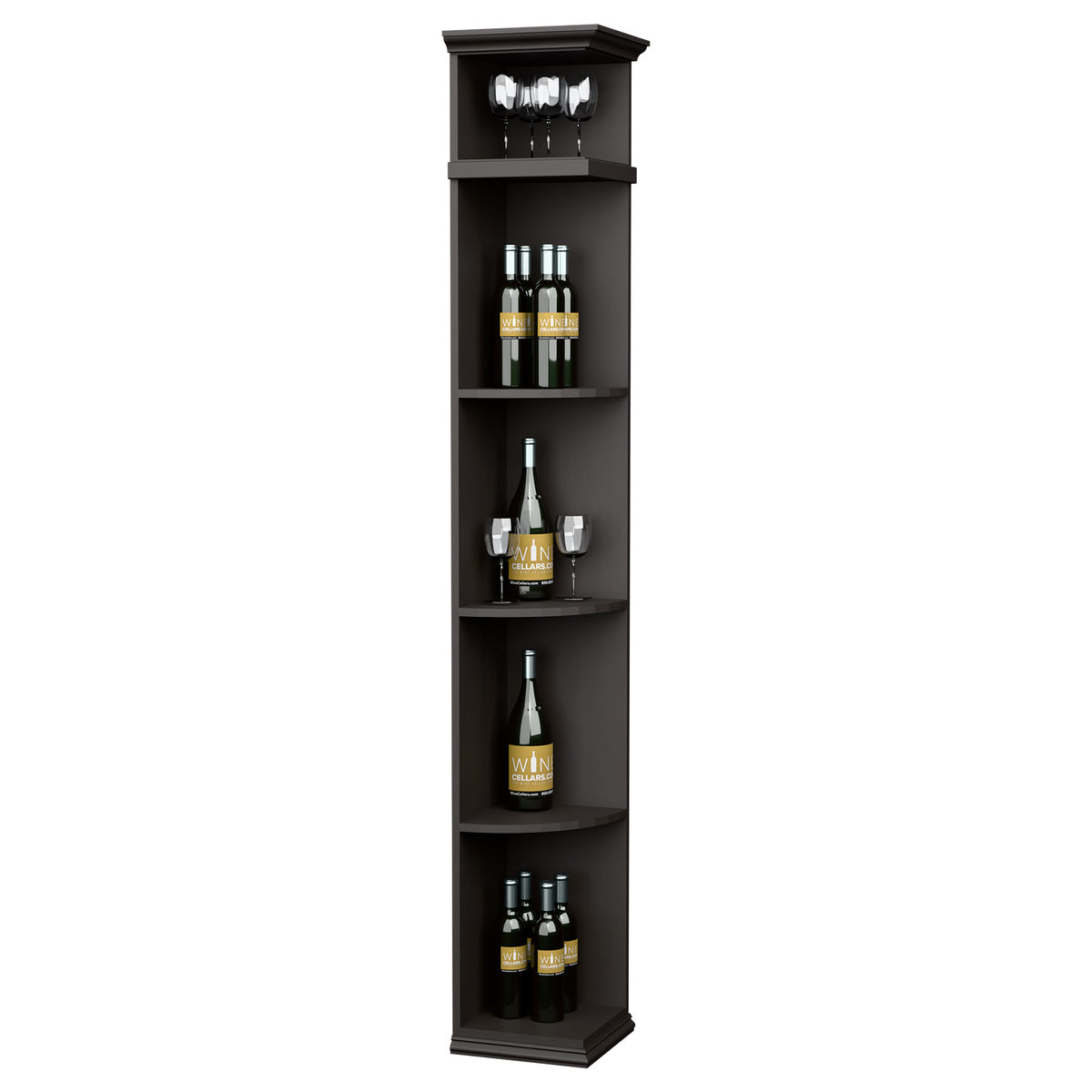Tall quarter-round wine shelf with square base, dark stained wood finish