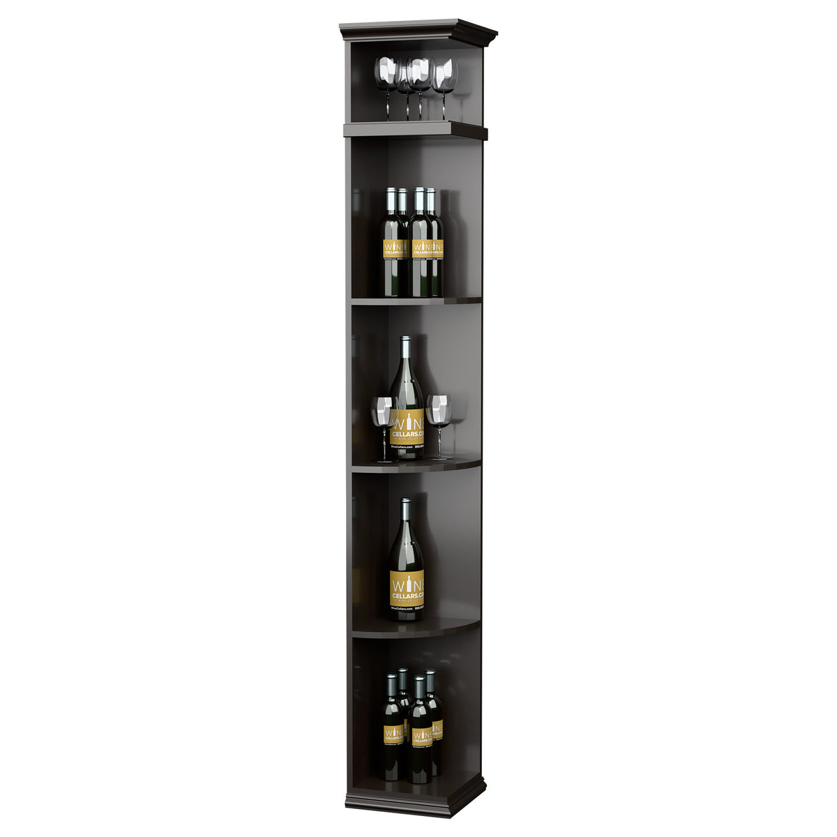 Tall quarter-round wine shelf with square base, deep dark wood finish