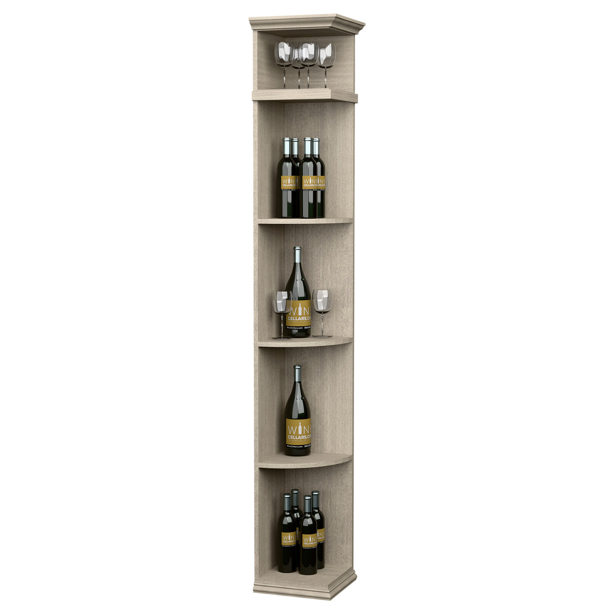 Light gray corner wine shelf with square base, 4 bottle shelves, and 4 glass holders