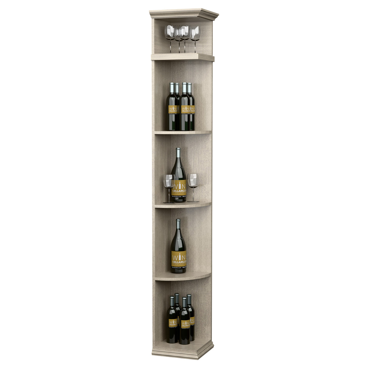 Light gray tall wine shelf with square base and quarter-round shape, 4 bottle shelves