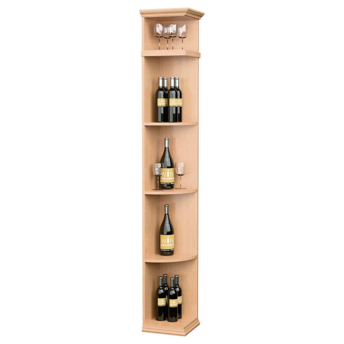 Light wood corner wine shelf with square base, curved quarter profile, 4 bottle shelves