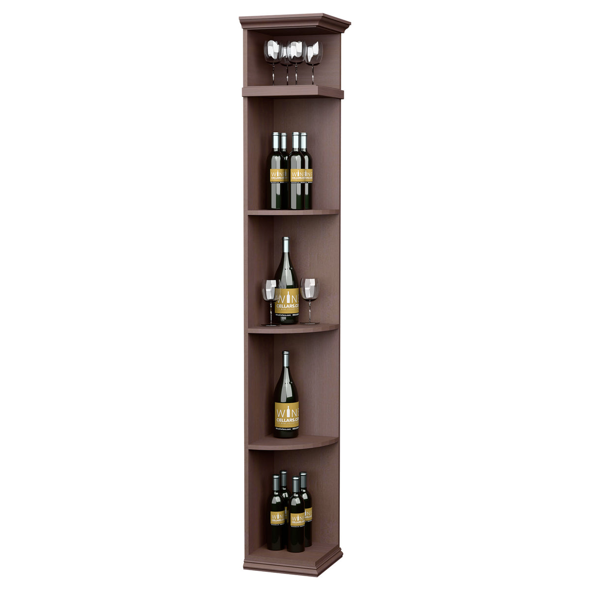 Dark brown corner wine shelf with square base, 4 bottle shelves, and 4 glass holders