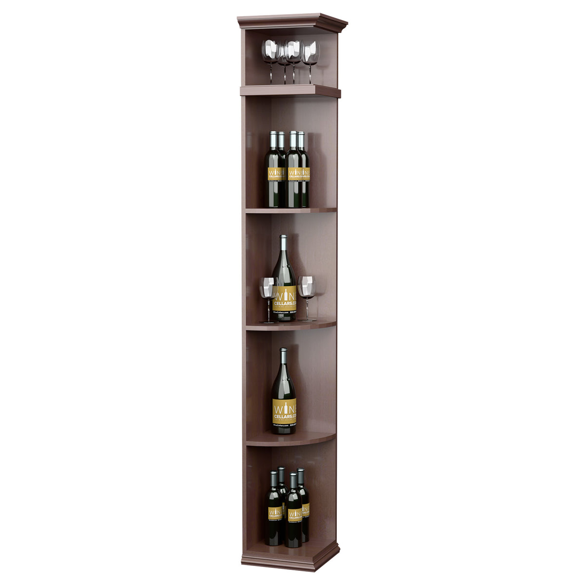 Dark brown tall wine shelf with square base, curved quarter design, 4 bottle shelves