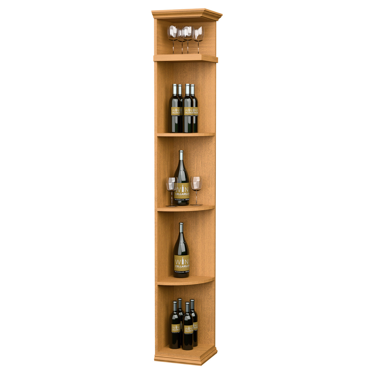 Honey-toned corner wine shelf with square base, 4 bottle shelves, and 4 glass holders