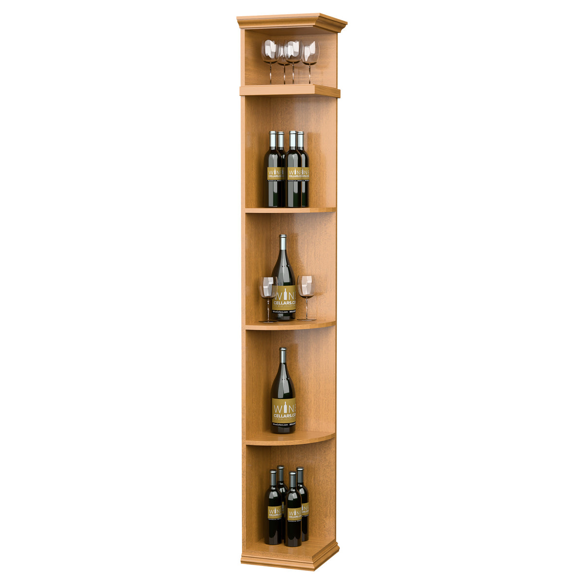 Light wood corner wine shelf with square base, curved profile, 4 bottle shelves