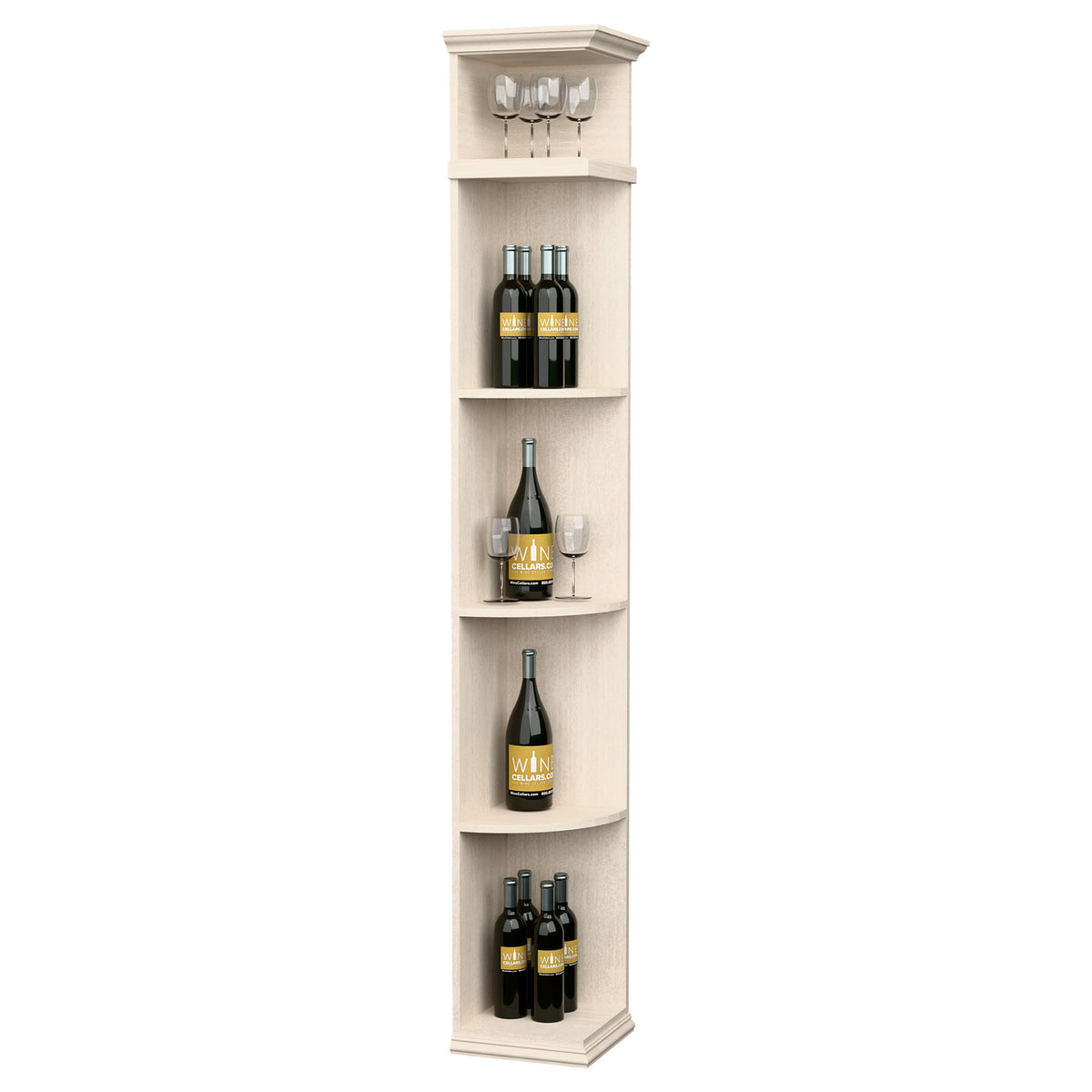 Cream white corner wine shelf with square base, 4 bottle shelves, and 4 glass holders