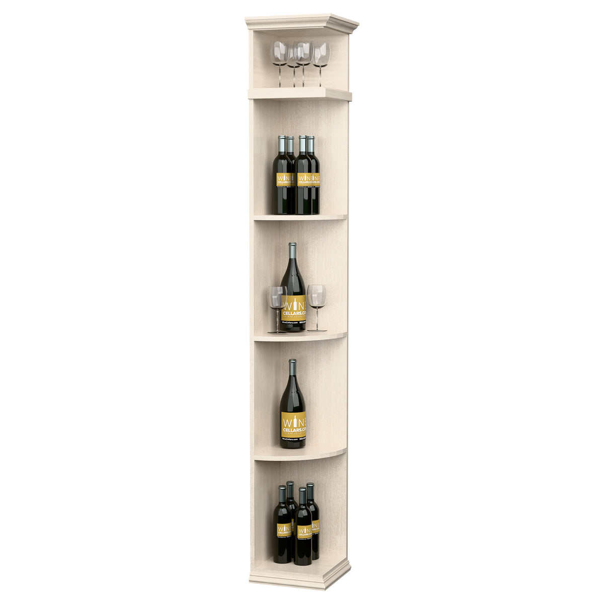 White corner wine shelf with square base, quarter-round shape, 4 bottle shelves