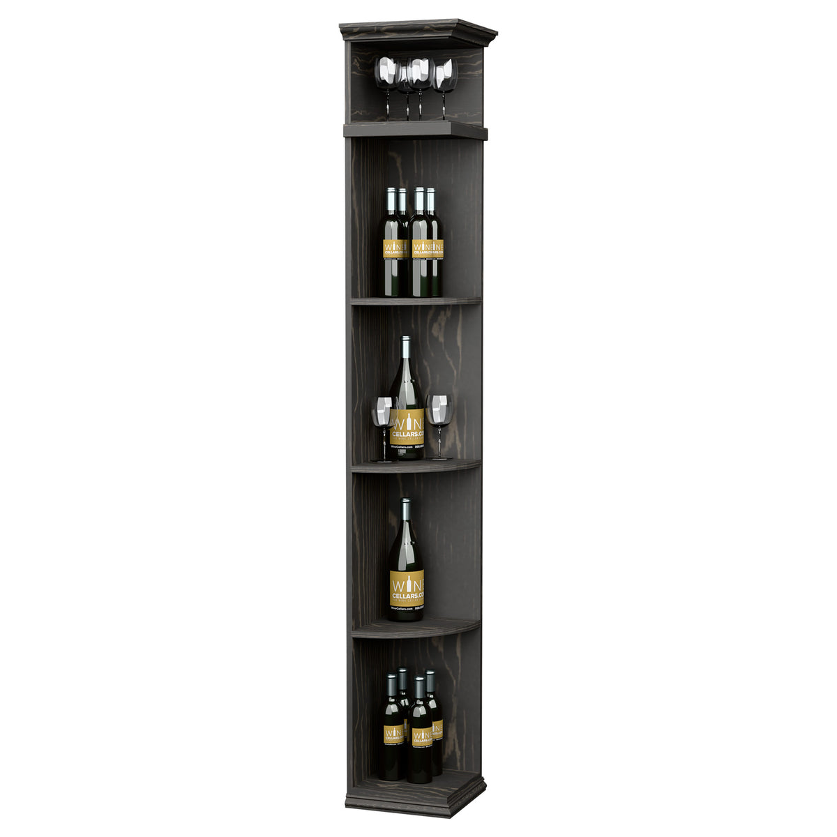 Dark wood wine rack cabinet with quarter-round shelves and square base, holds bottles