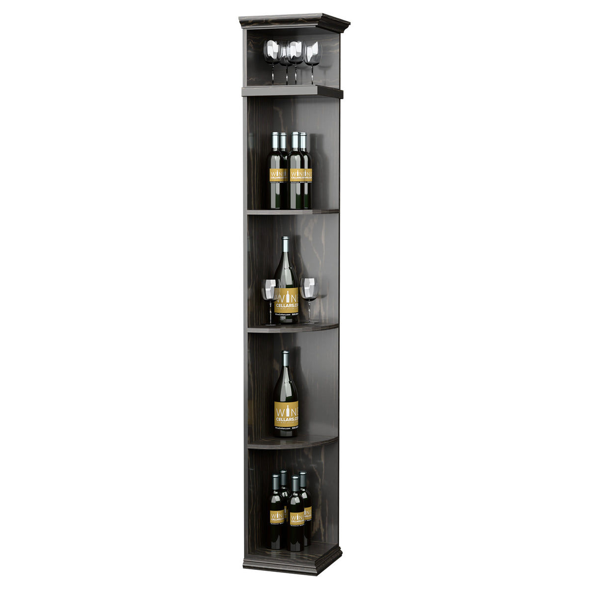 Grey stained wood wine rack cabinet with curved shelves and square base for bottles