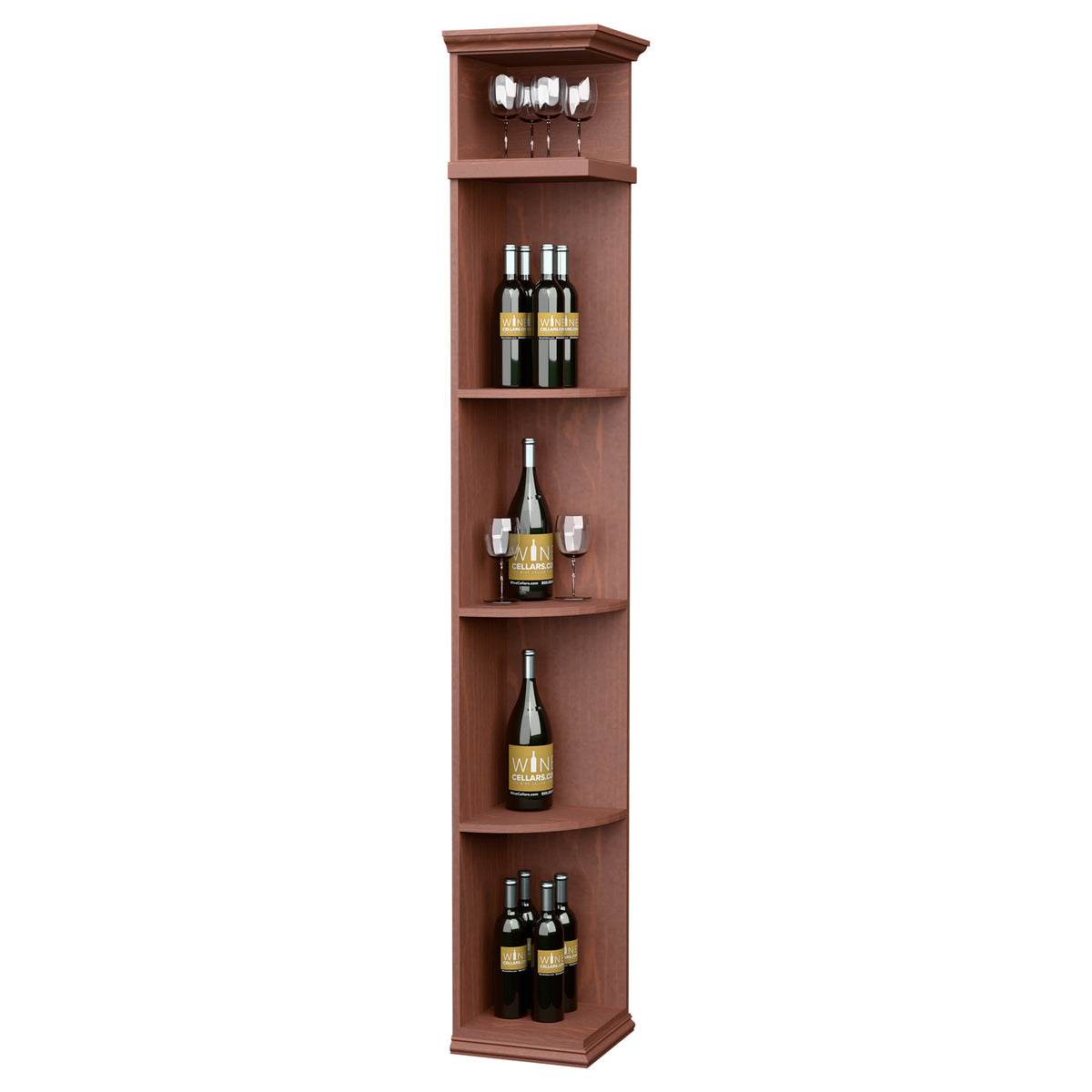Red-brown wood wine rack cabinet with curved shelves and square base, bottle storage