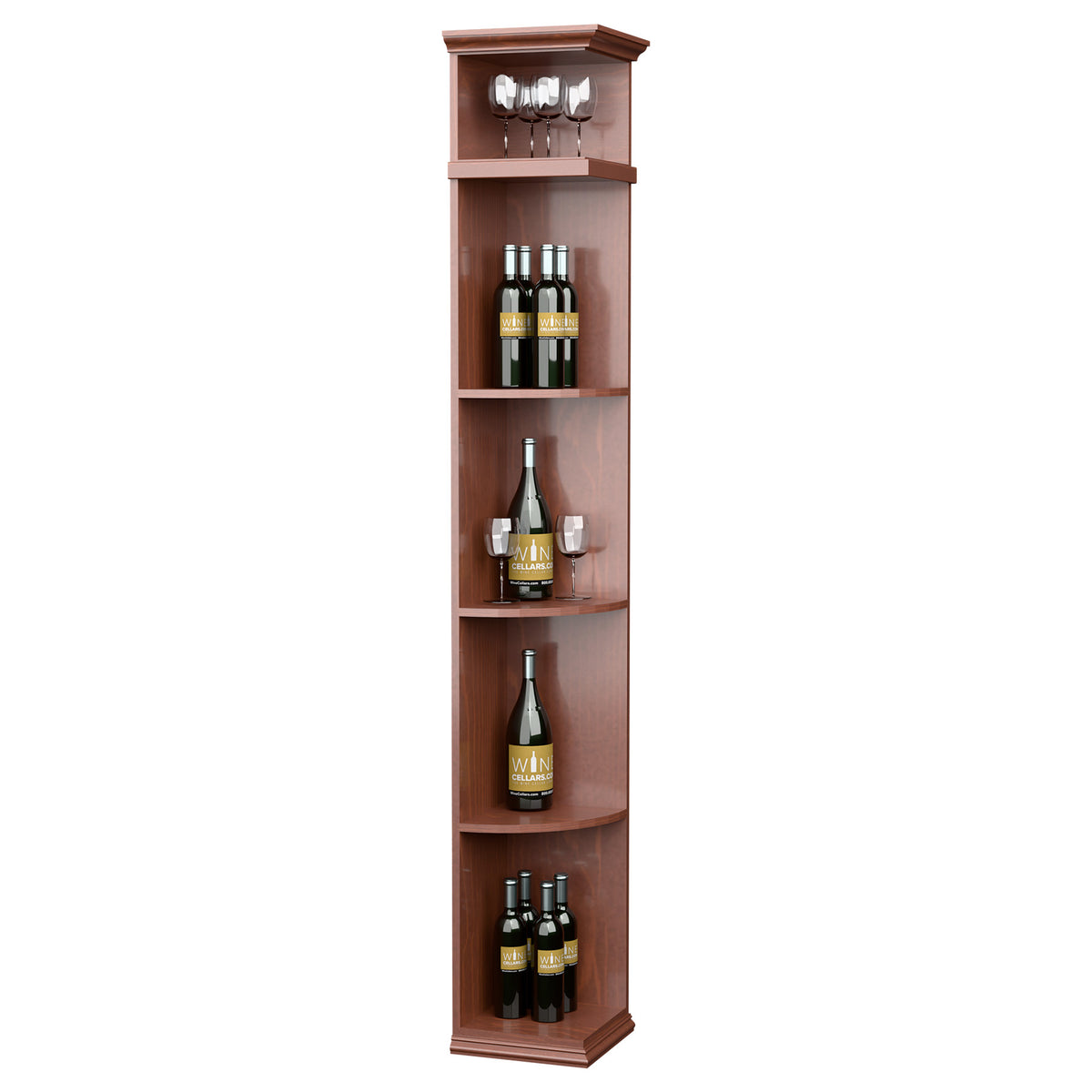 Warm brown wood wine rack cabinet with curved shelves and square base for bottles