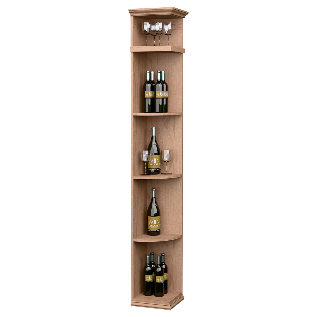 Light wood wine rack cabinet with curved shelves and square base, holds bottles