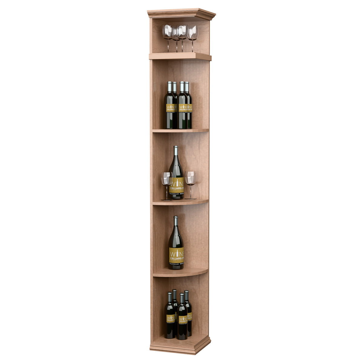 Natural wood wine rack cabinet with curved shelves and square base for wine bottles