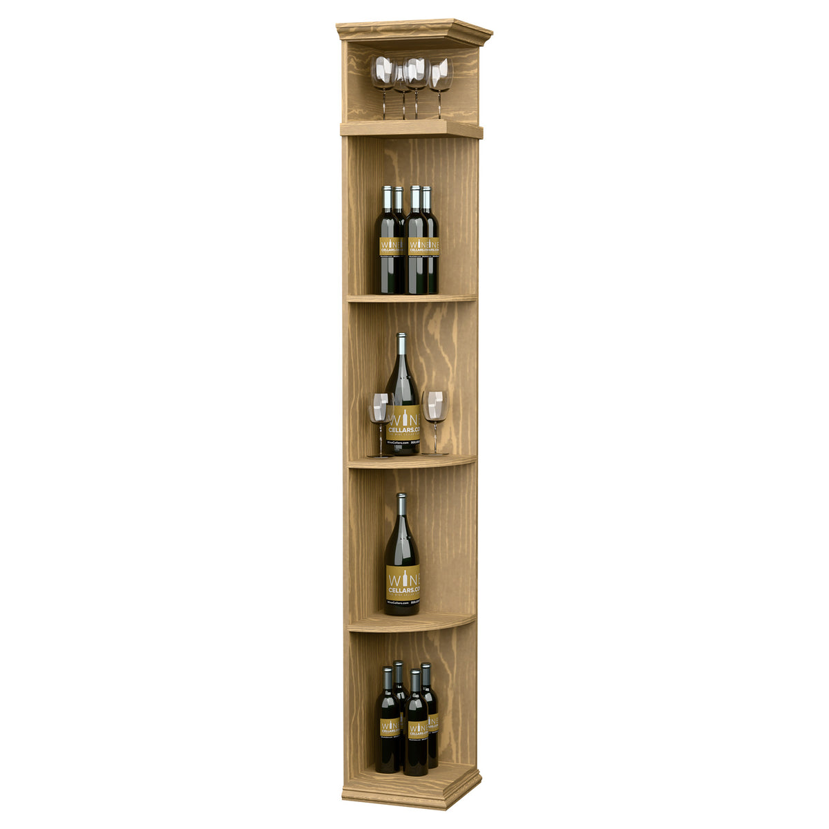 Honey-toned wood wine rack cabinet with curved shelves and square base, bottle display