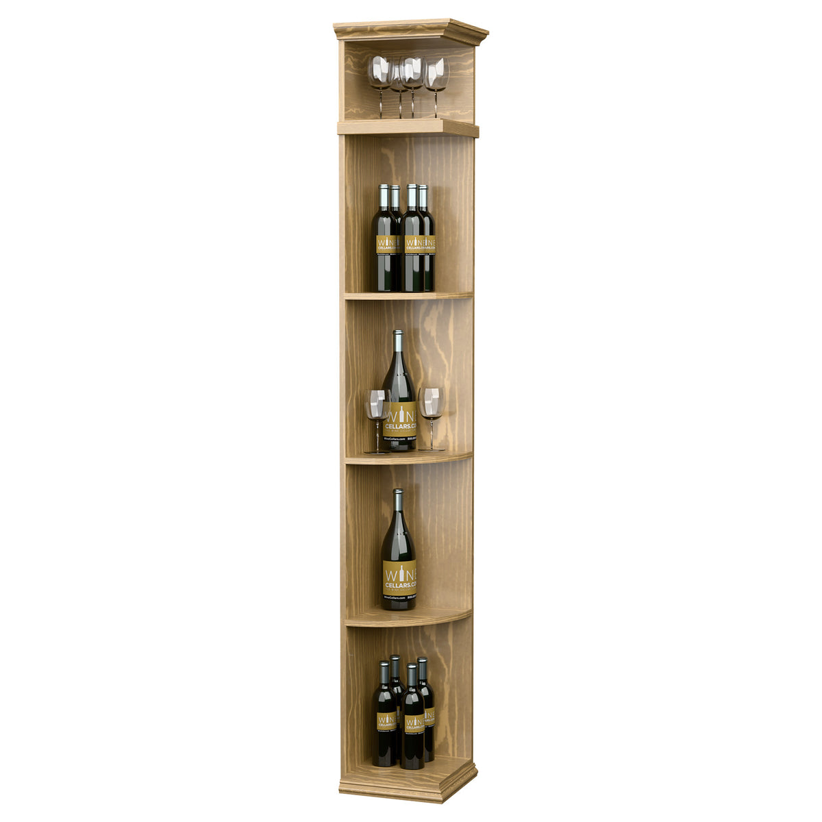 Pale honey wood wine rack cabinet with curved shelves and square base for bottles