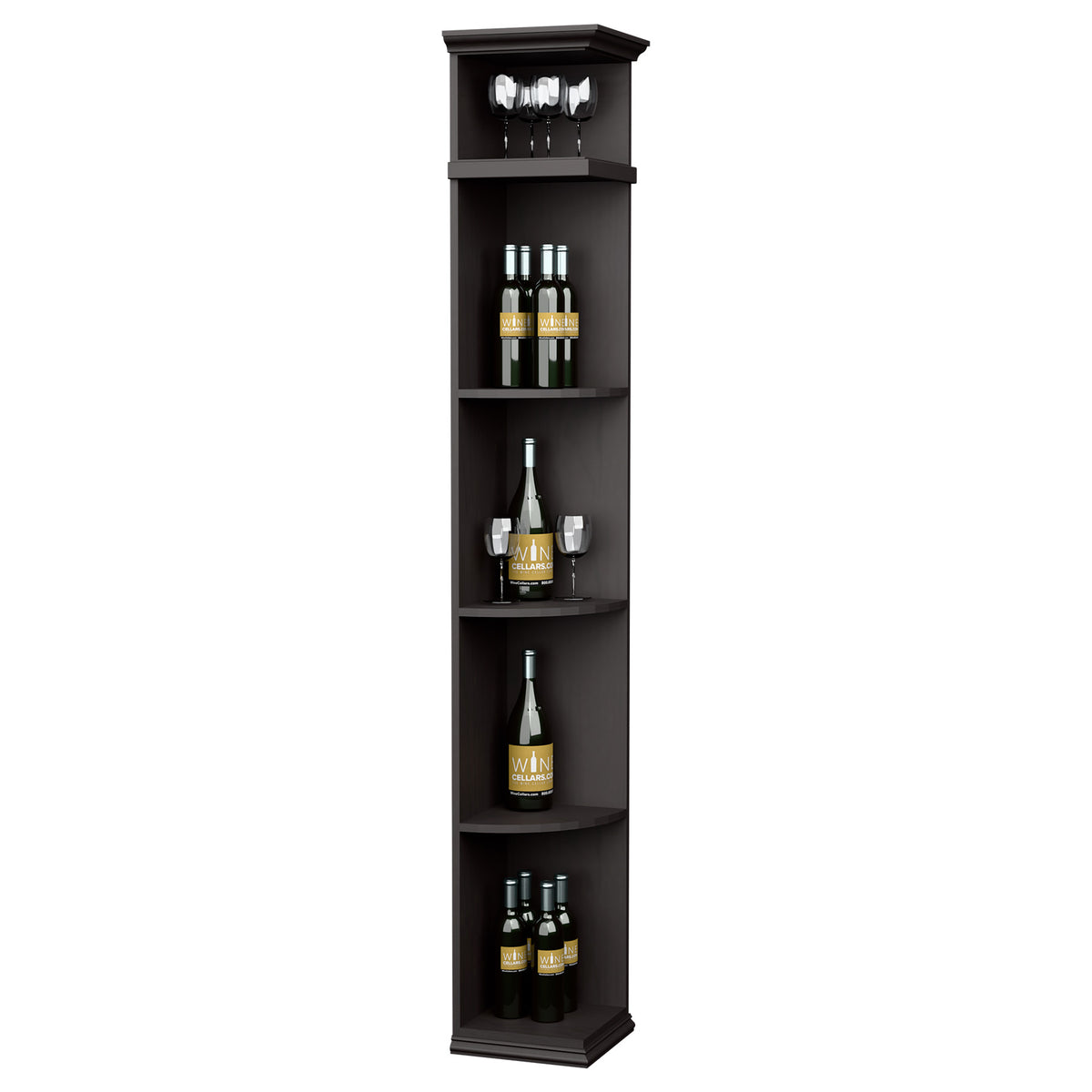 Black-stained wood wine rack cabinet with curved shelves and square base, holds bottles