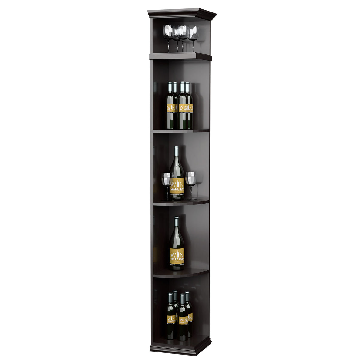 Dark gray wood wine rack cabinet with curved shelves and square base for wine bottles