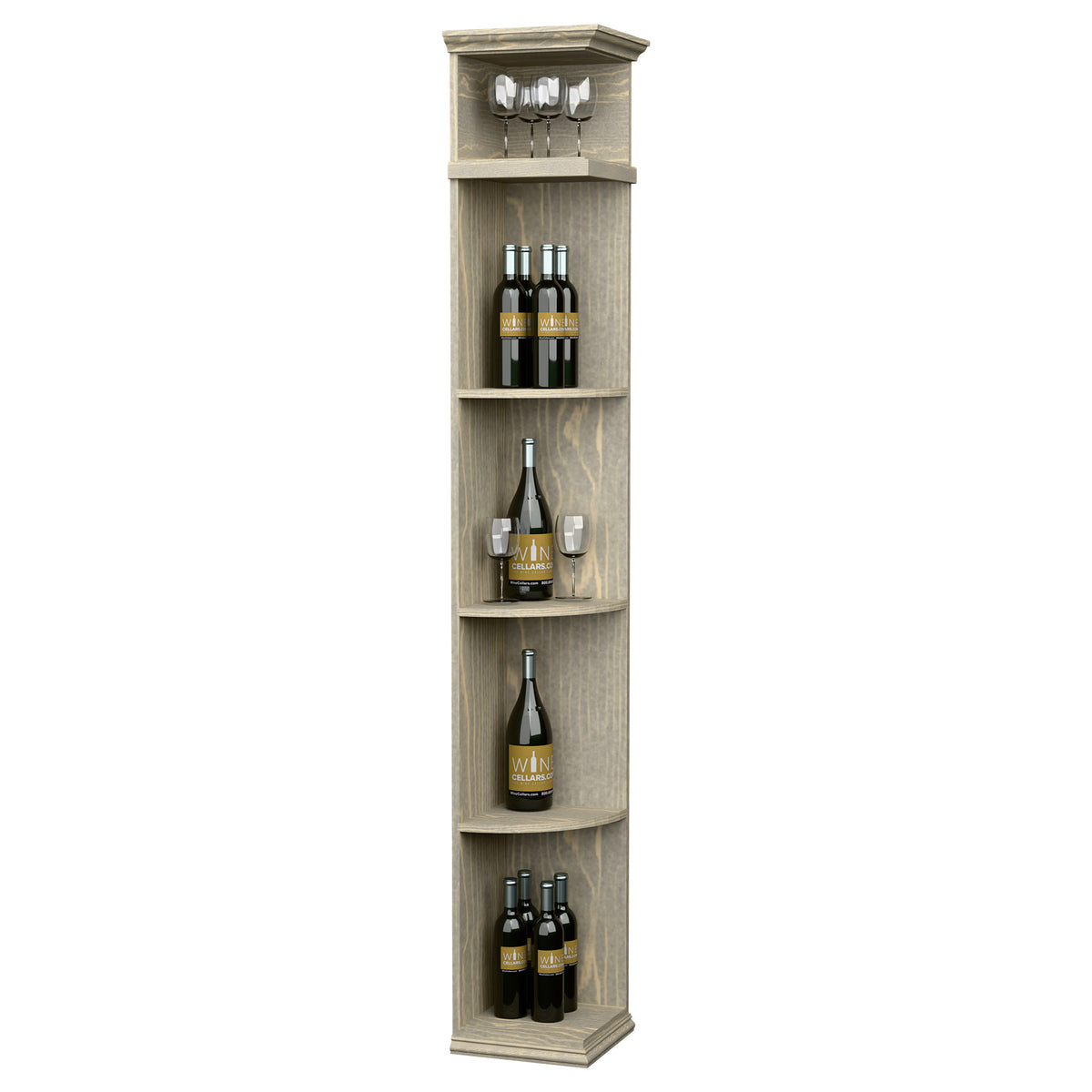 Quarter-round wine display shelf with curved bottle shelves and top glass holder, gray finish