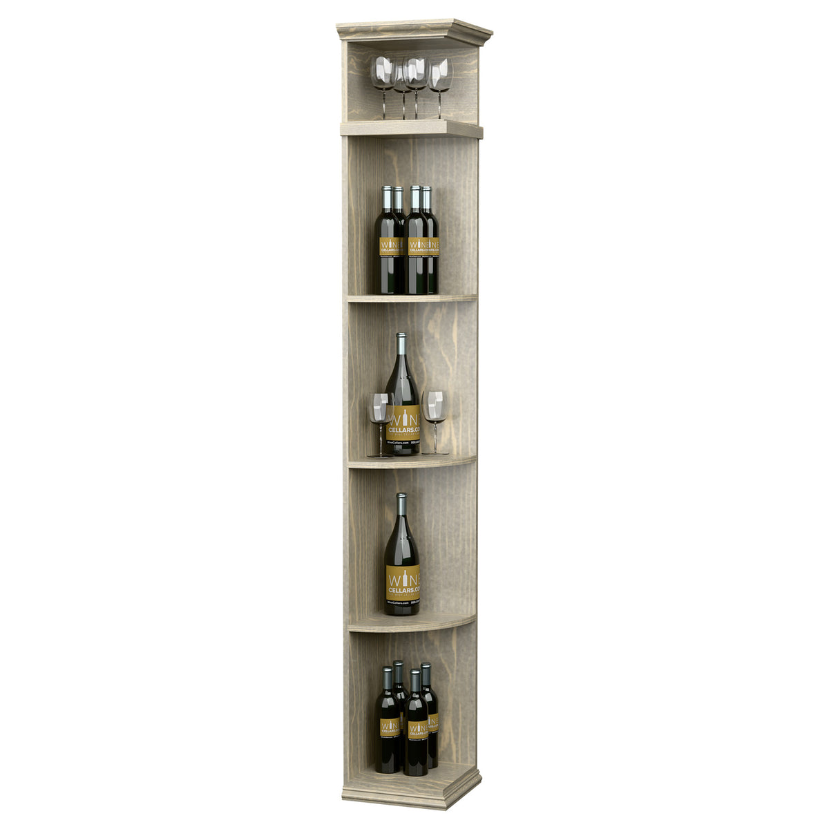 Quarter-round wine display shelf with curved bottle shelves and top glass holder, light gray wood