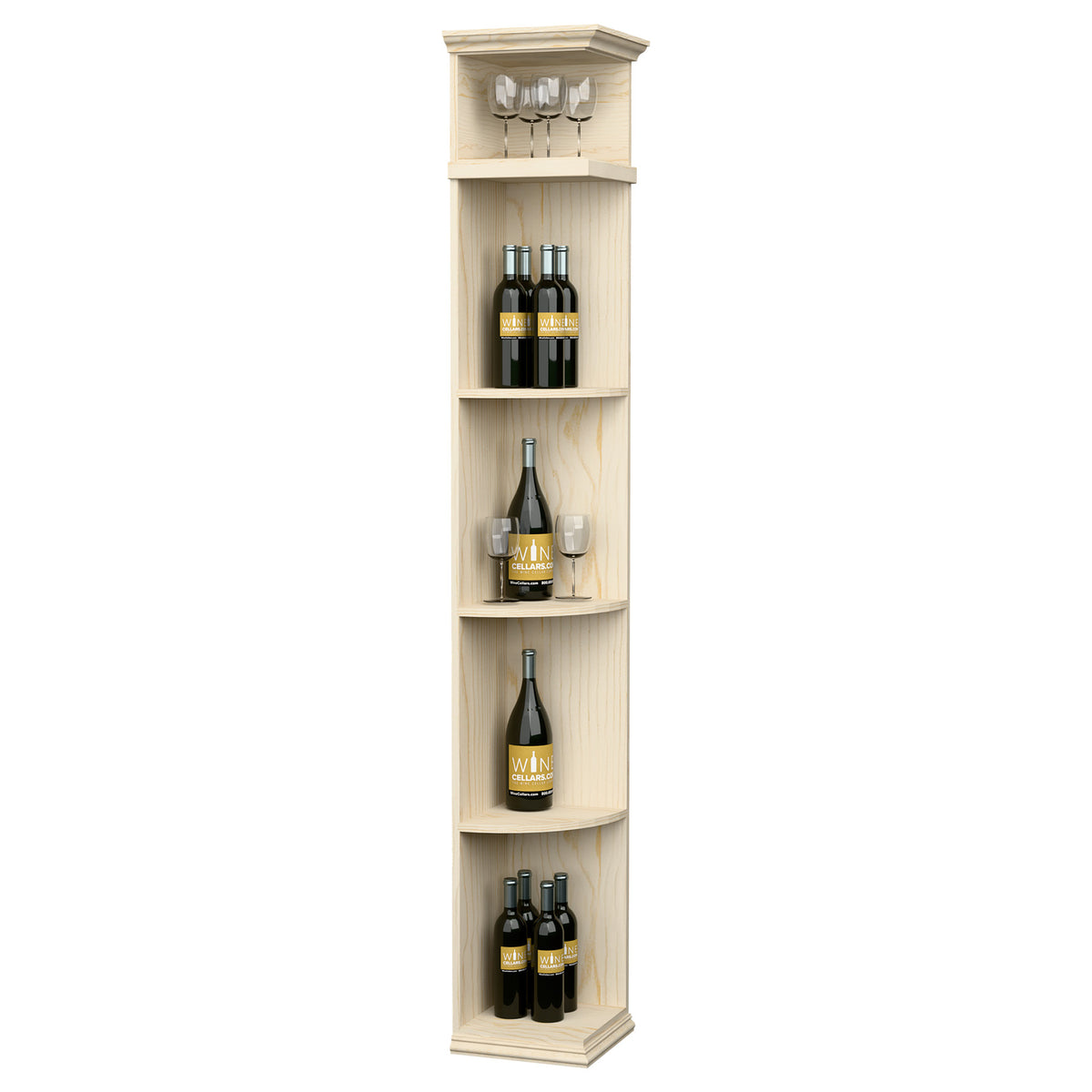 Quarter-round wine display shelf with curved bottle shelves and top glass holder, natural wood