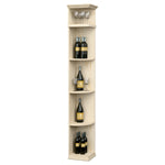 Quarter-round wine display shelf with curved bottle shelves and top glass holder, natural wood