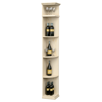 Quarter-round wine display shelf with curved bottle shelves and top glass holder, natural wood