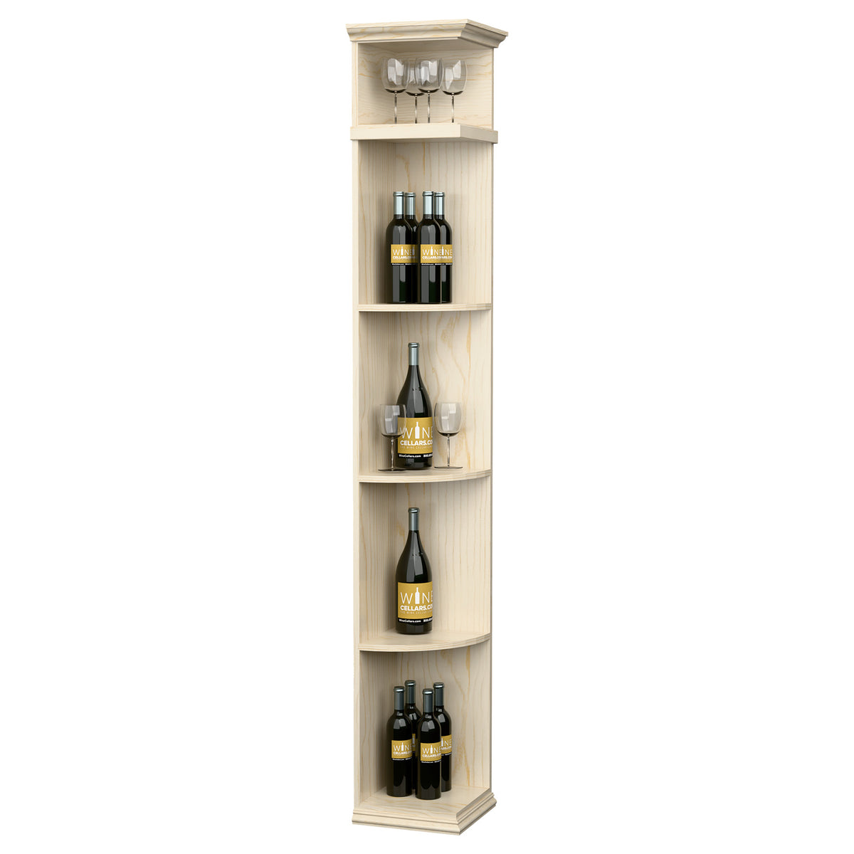 Quarter-round wine display shelf with curved bottle shelves and top glass holder, pale wood finish