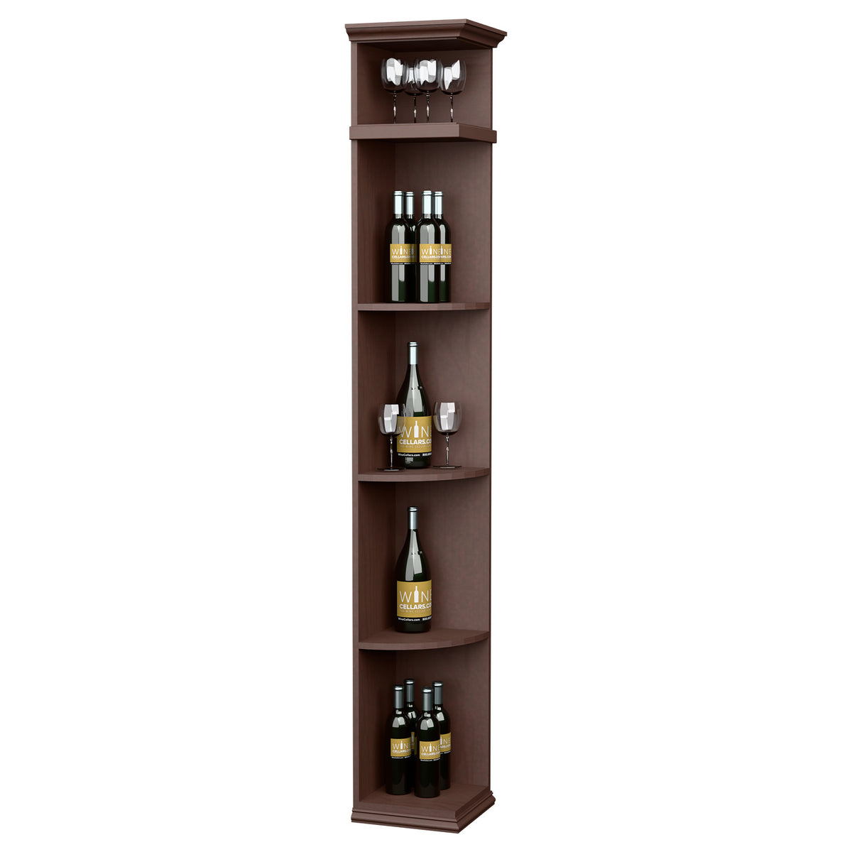 Quarter-round wine display shelf with curved bottle shelves and top glass holder, dark brown wood